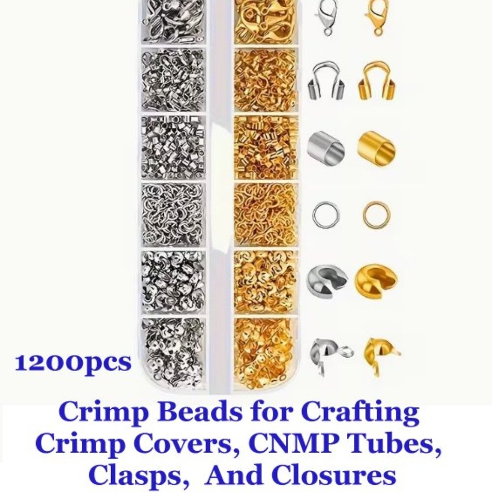 1200pcsof Crimp Beads for Crafting -Crimp Covers, Crimp Tubes, Clasps & Closures
